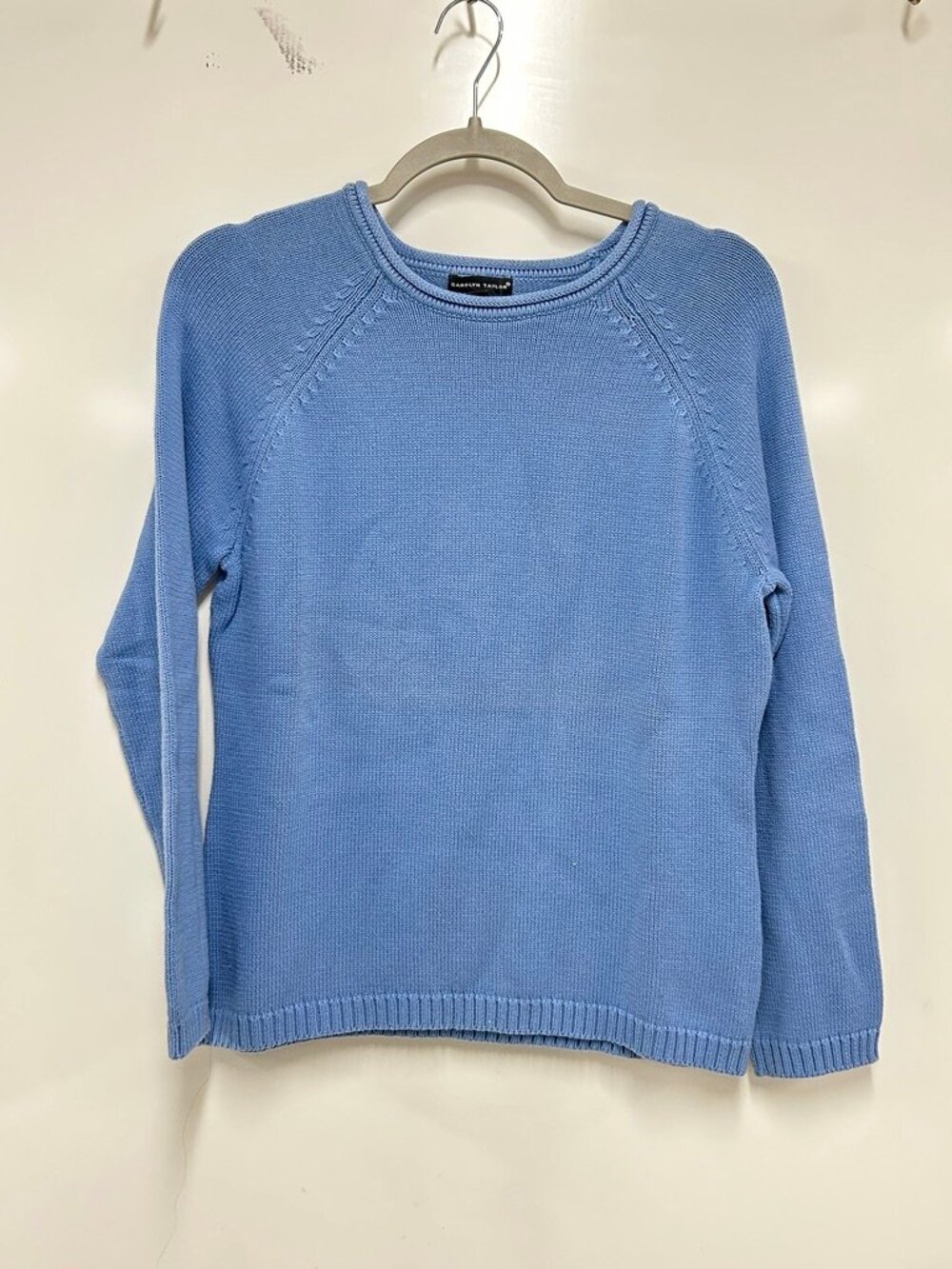 Carolyn Taylor Blue Knit Sweater Large Lightweight Roll Neck Classic Minimalist